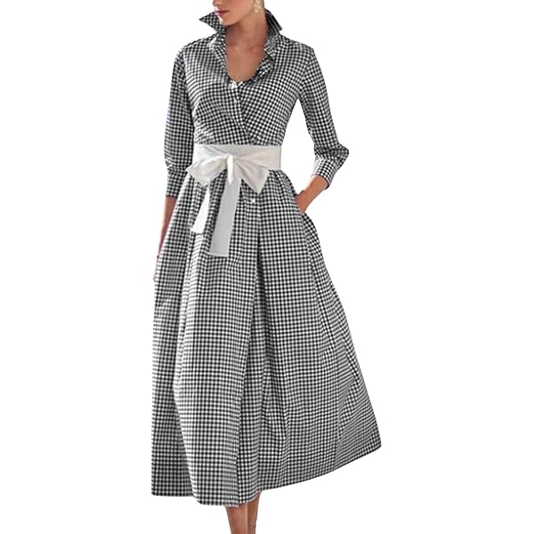Sexyshine Women's Retro Plaid Button Down Long Sleeve Maxi